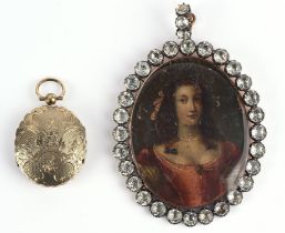 Antique portrait miniature, frame and articulated bail set with antique paste stones,