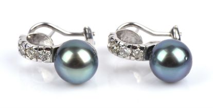 A pair of Tahitian pearl and diamond earrings, set with 9.7-9.8mm Tahitian pearls,