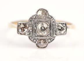 Art Deco diamond panel ring, set with old cut diamonds, mounted in stamped 18 ct and platinum,