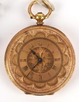 A Gold open face pocket watch,the foliate gilt embossed dial with chapter ring, fitted with a key