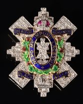 Royal Highlanders Black Watch sweetheart brooch, set with single cut diamonds, calibre cut rubies