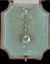 Edwardian diamond pendant, with an old cut diamond 3.72 carats suspended from a rose cut diamond