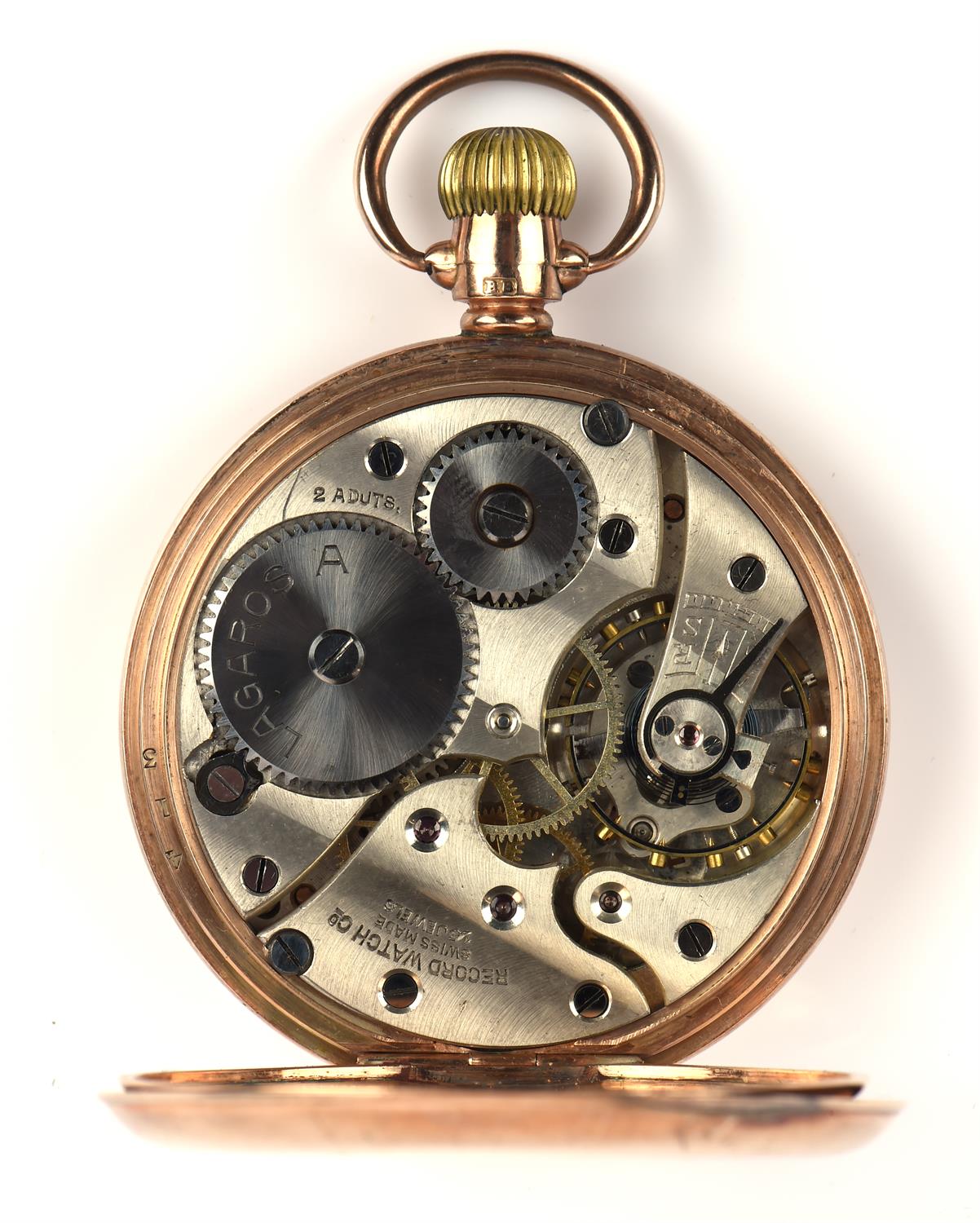 Record watch Company , a Gold open face pocket watch, the unsigned white enamel dial with Arabic - Image 3 of 5