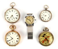 A group of four open face pocket watches comprising Gold plated pocket watch, two silver pocket