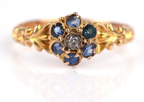 Antique sapphire, paste and diamond ring, floral cluster set with central diamond,