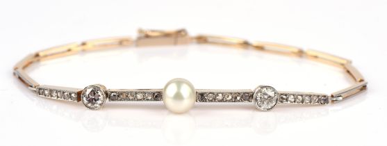 Pearl and diamond bracelet, articulated fancy link bracelet with top panels set with rose cut
