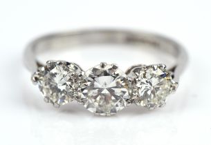 Three stone diamond ring, round brilliant cut diamonds weighing an estimated total of 1.45 carats,