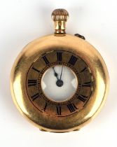 18 ct gold half hunter pocket watch the unsigned white enamel dial with Roman numeral hour markers,
