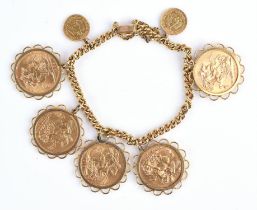 18 ct gold bracelet with five full sovereigns dated 1900, 1910, 1912, 1892 and 1963,