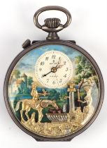 Reuge of sainte-croix open face automaton pocket watch, with musical alarm, the dial with enamelled