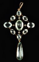 19th century aquamarine and diamond pendant, claw set with nine oval cut aquamarines,