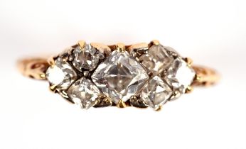 Early 19th C diamond ring, set with five Peruzzi cut diamonds, one old cut and one square mixed cut