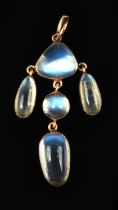 Moonstone pendant comprised of five mixed shape cabochon cut moonstones, in tested 14 ct,