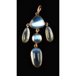 Moonstone pendant comprised of five mixed shape cabochon cut moonstones, in tested 14 ct,