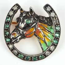 Horse pendant brooch, horse head set with an emerald eye and plique-à-jour enamel neck,