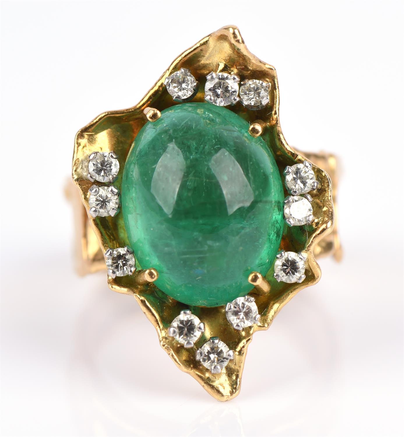 George Weil vintage emerald dress ring, central oval cabochon cut emerald estimated weight 13.