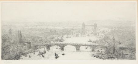 William Lionel Wyllie (British 1851-1931), The Thames near Tower Bridge, etching,