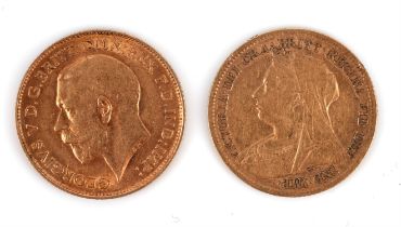 A gold half sovereign Queen Victoria 1900 and a gold half sovereign George V 1913,