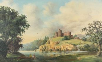 ** Bowater (20th century). Lake landscape with a ruined castle, oil on canvasboard, signed,