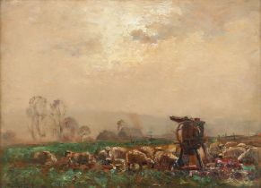 James Herbert Snell (British 1861-1935), Landscape with sheep, oil on panel, signed lower left,