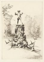 Sydney Mackenzie Litten (British 1887-1934), Peter Pan statue in Kensington Gardens, etching,