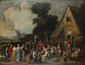 Dutch School (19/20th century), Many figures carousing in front of a tavern, oil on canvas,