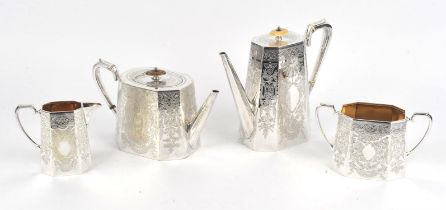Four piece silver plated tea and coffee service with ivory knops and spacers, by John Round & Son
