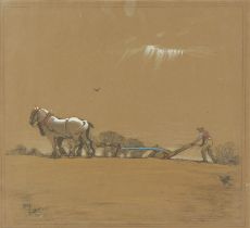 After Cecil Aldin, ‘Plough Team’, lithograph with hand colouring, signed in the plate, 30 x 33cm.