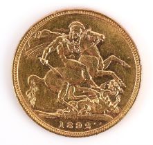 Victorian bust sovereign, Jubilee head with St George and the Dragon reverse, dated 1892,