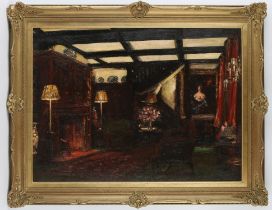 Joseph Edward Homerville Hague (act. 1885-1903), Tudor Style interior with flowers and painting,