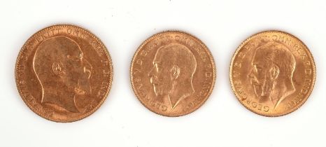 A gold full sovereign 1908 London mint, a gold half sovereign 1911 London mint, and a gold half