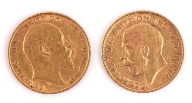 Two half sovereigns, one with Edward VII bust dated 1908 with St George and the dragon reverse,