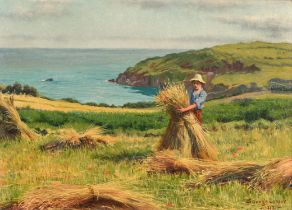 Savage Cooper (1861-1943), A coastal landscape with harvester stacking corn stooks, oil on board,