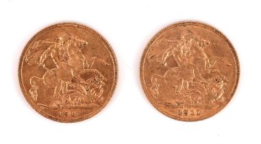 Two full gold sovereigns, both George V London mint 1911 and in near very fine condition.