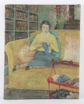 British School (c.1930), A lady knitting in an interior, oil on canvas, indistinctly signed with