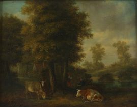Circle of Aelbert Cuyp, Cattle and drovers in a wooded clearing, oil on panel, 24 x 29cm. Framed