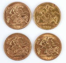 Four half sovereigns, one Veiled Victoria dated 1896, one Edward VII dated 1906, and two George V