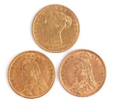 Three half sovereigns, one young Victoria head dated 1869, and two Jubilee Victoria both dated 1892,