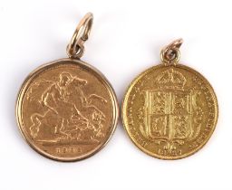 Two half sovereigns with pendant loops, one Victoria Jubilee head dated 1887 with shield reverse,