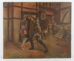 English School (20th century), A Cavalier and a Roundhead sword fighting outside a Tudor style