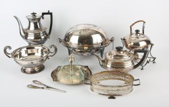 Silver plated items to include chaffing dish with ivory knop, tea kettle on stand with burner,