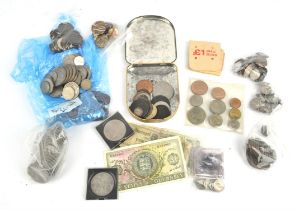 A small collection of mixed circulated British and foreign coins and other items,
