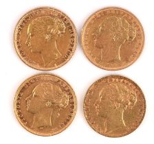 Four young Victoria sovereigns, all with St George and the Dragon reverse, two London mint dated