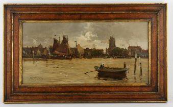 Archibald Webb (British exh. 1886-1892), A riverside town, with boats, oil on canvas,