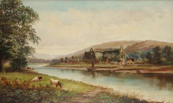 Henry Harris (British 1852-1926), View of Tintern Abbey across the River Wye, oil on canvas,