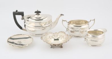 Batchelors three piece silver tea service, London 1898-1902, pierced bon-bon dish and a modern