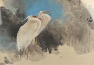 A Chinese, or other Asian, picture of two white wading birds [probably Little Egrets] in a mottled