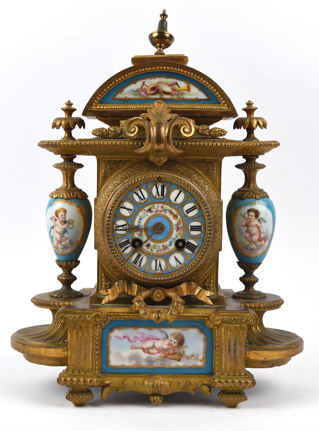 French gilt metal and Sevres style porcelain clock garniture, 19th Century, the clock with - Image 3 of 8