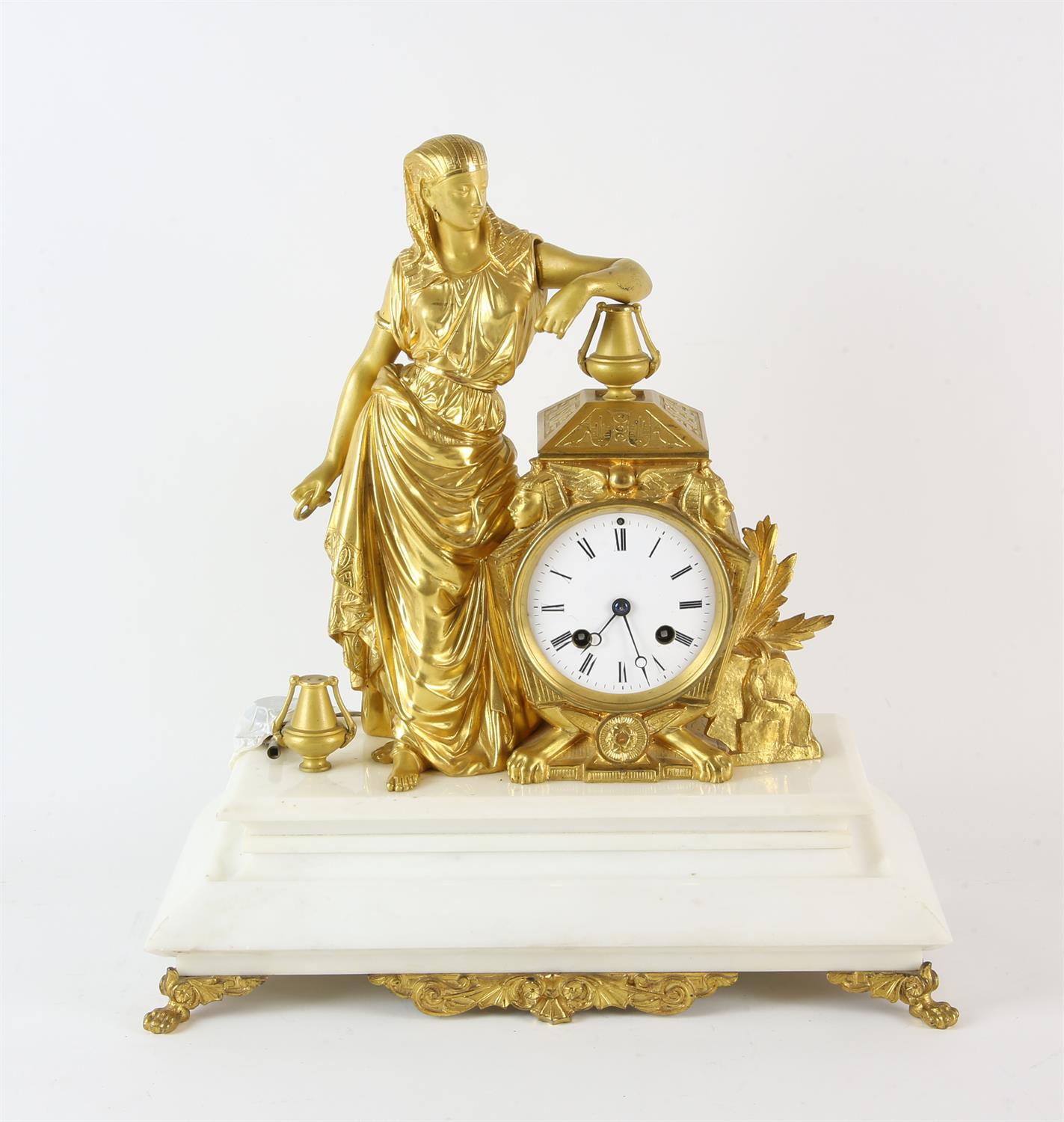 French white marble and gilt bronze mantel clock, 19th Century, the case in the form of an Egyptian