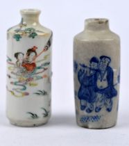 Two Chinese snuff bottles of cylindrical form; one in famille rose with a four-character mark, 7.